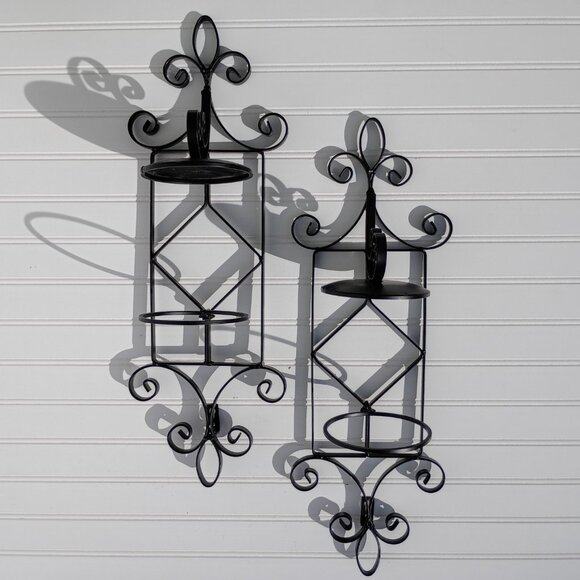 Black Wrought Iron Scroll Metal Wall Sconce Pair Pillar Candle Holders Sconces - Picture 10 of 11